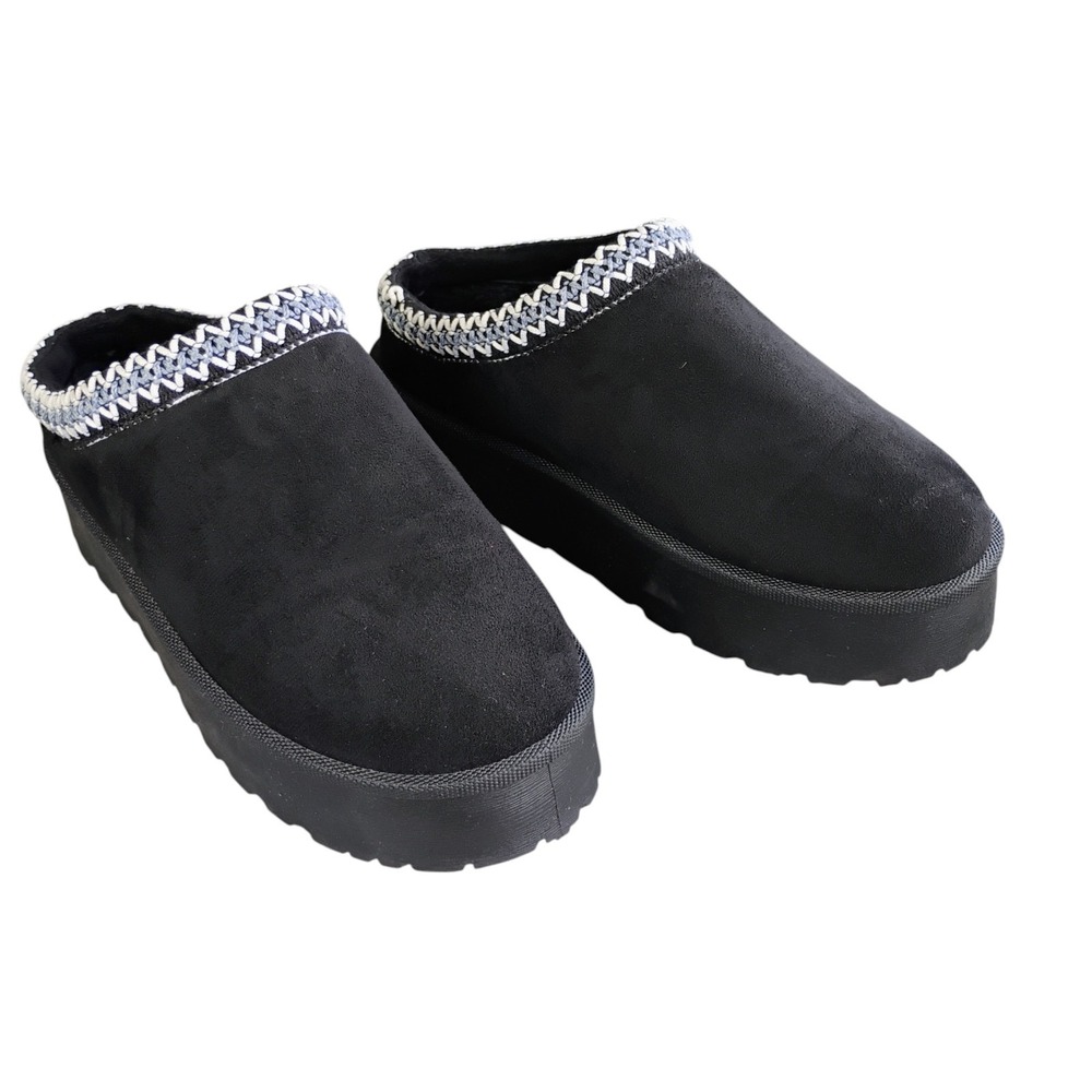 Shearling Lined Platform Slippers Womens 7.5 Black Fuzzy Loungewear House Shoes